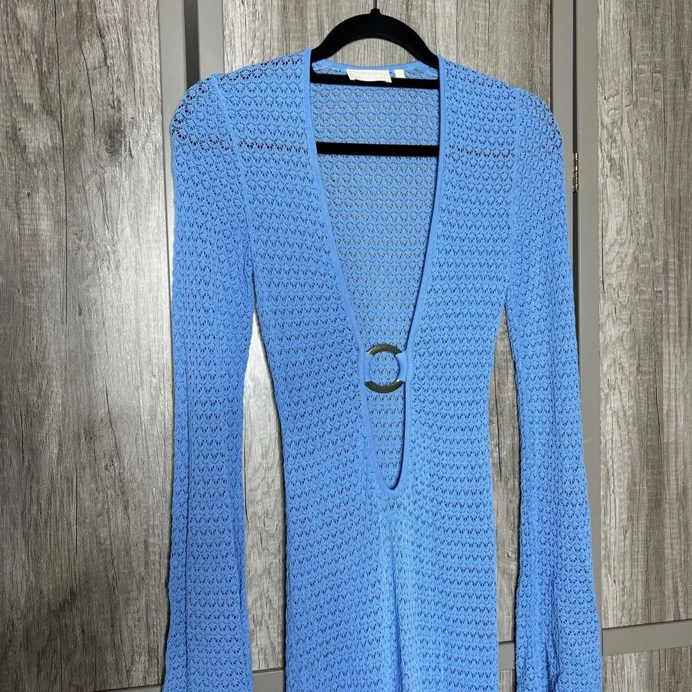 Monday Montego Dress Size S Azure Lace Crochet Maxi Swim Cover Up Blue Color